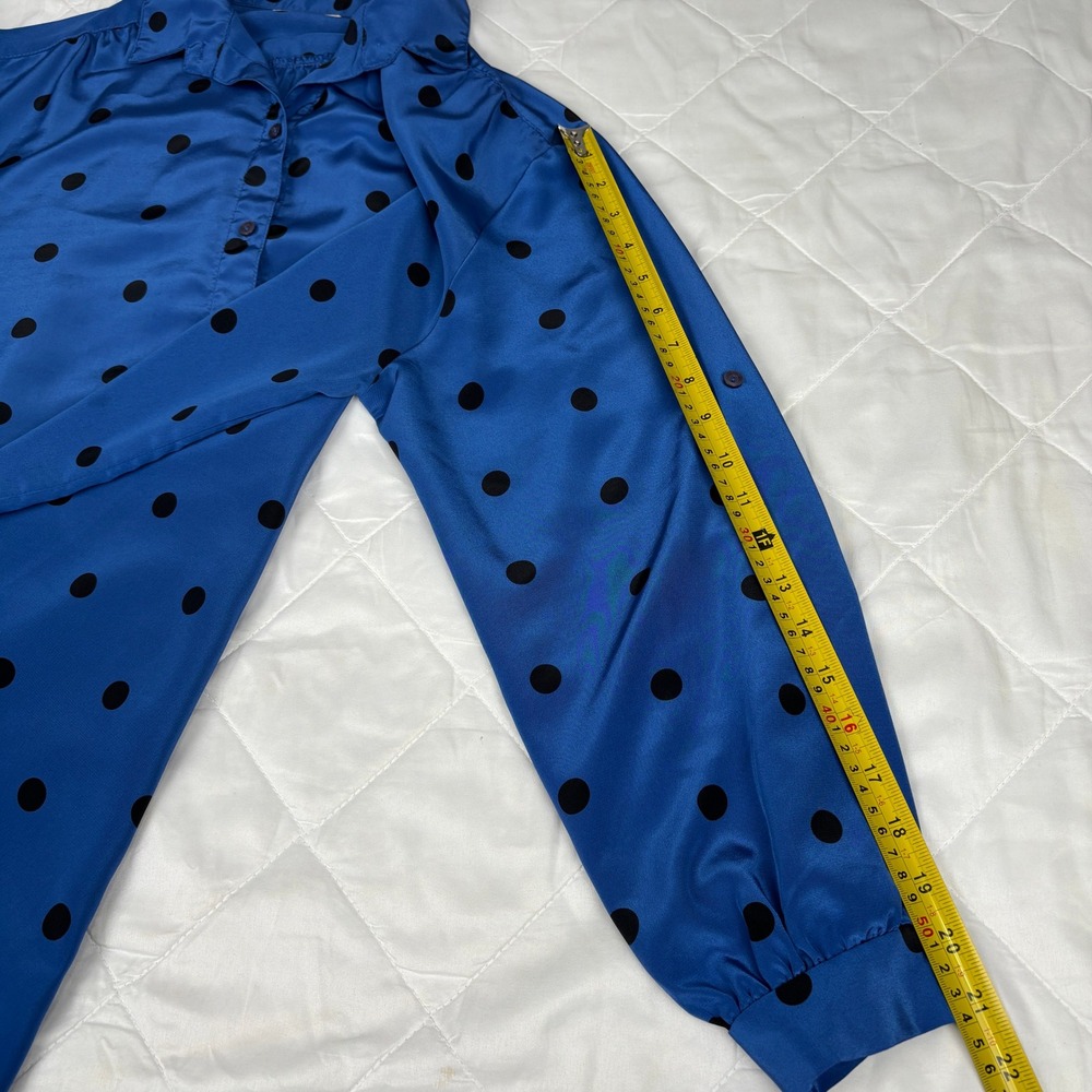 Blue Black Polka Dot Button Front Tunic Blouse Long Sleeve Roll Tab XL - Picture 7 of 12